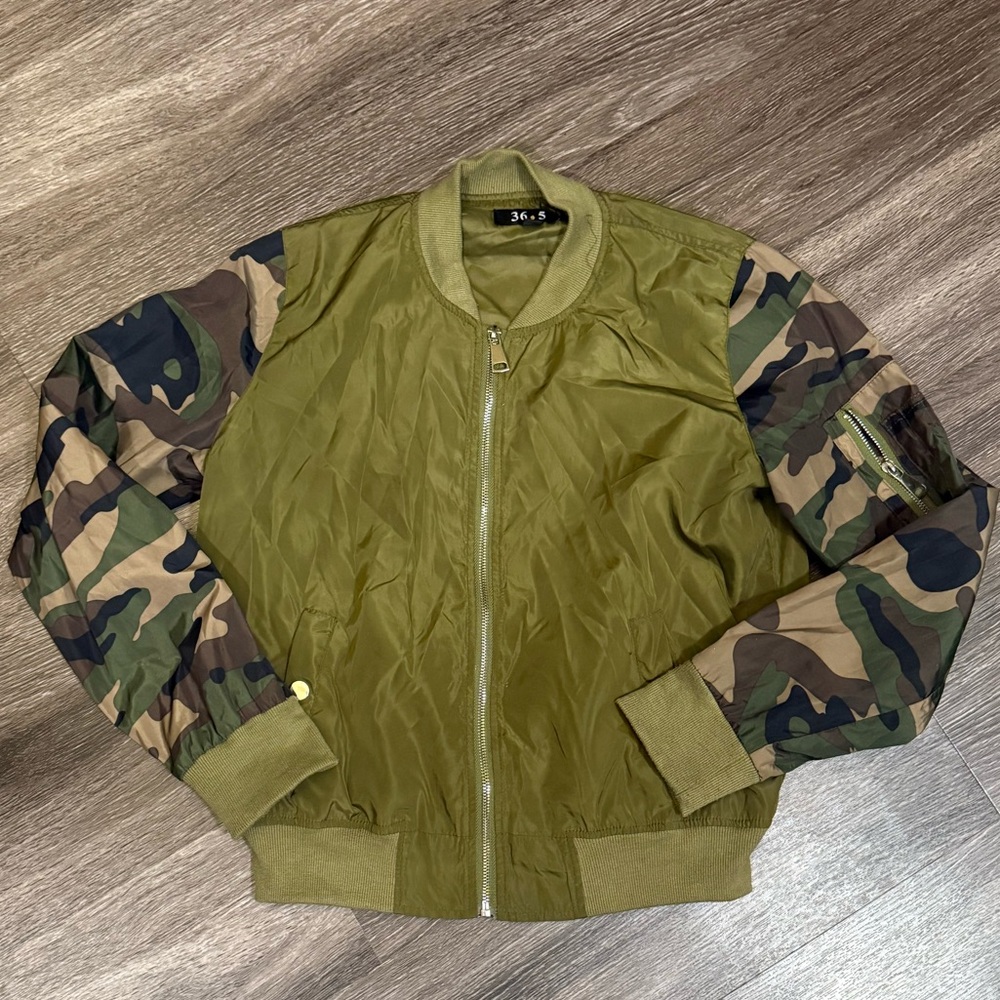 Olive Green Bomber Jacket with Camouflage Sleeves